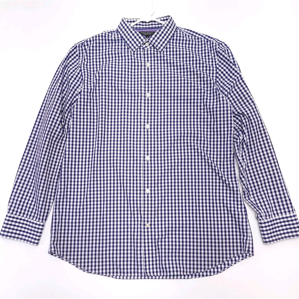 Banana Republic Mens XL Shirt Button Up Non Iron Slim Fit Checked Blue READ‎